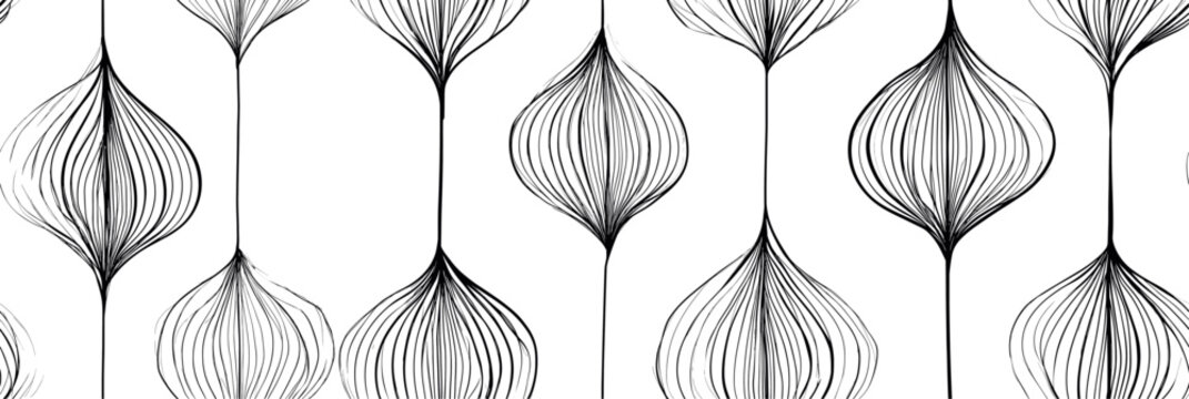 Recurring organic shapes forming a seamless black and white abstract pattern. Abstract black and white organic leaf pattern