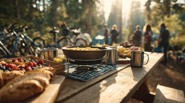 Diverse fictional campers gathering around portable stove at wooden picnic table in sunlit campgroun
