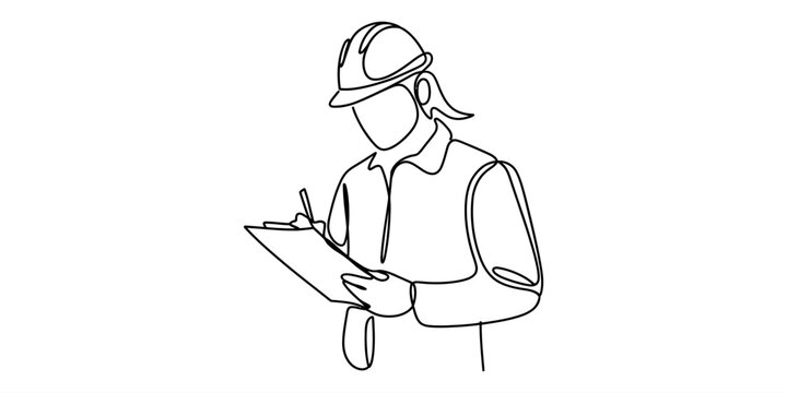 Continuous line drawing of a construction worker with clipboard