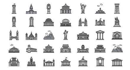 Fototapeta premium Pixel Art Architecture Icons: Famous Landmarks and Buildings Collection