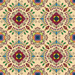 Fototapeta premium Seamless mandala vector pattern with decorative and symmetrical textile texture. Fully editable and scalable vector design suitable for fashion fabric, clothing, sweaters, scarves, blankets, home deco