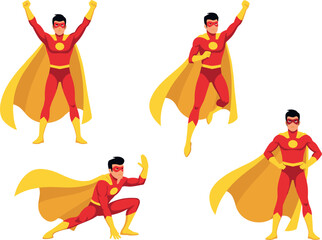 Red and Yellow Superhero Cartoon Character Vector Set with Flying Running Standing Action Poses and Flowing Cape © MdRaisul