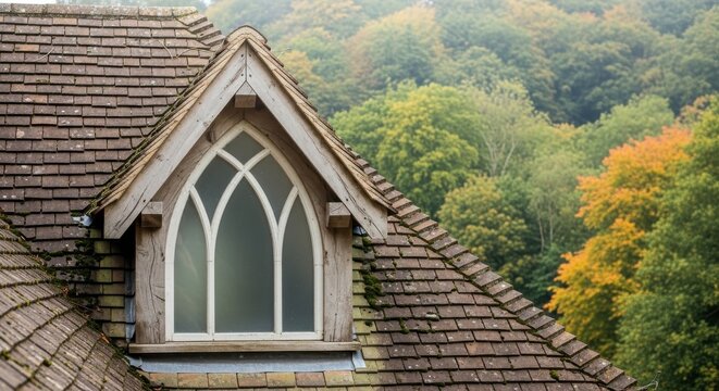 Architectural Dormer Attic Window With Pointed Arch Set Against Autumn Trees