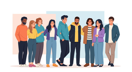 Fototapeta premium Diverse group of young adults standing together, smiling, casual fashion, modern lifestyle