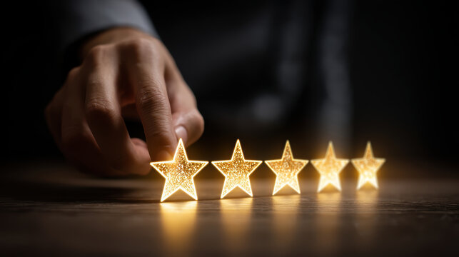Five glowing golden star shapes lined up on wooden surface with hand placing first star, symbolizing rating and quality evaluation