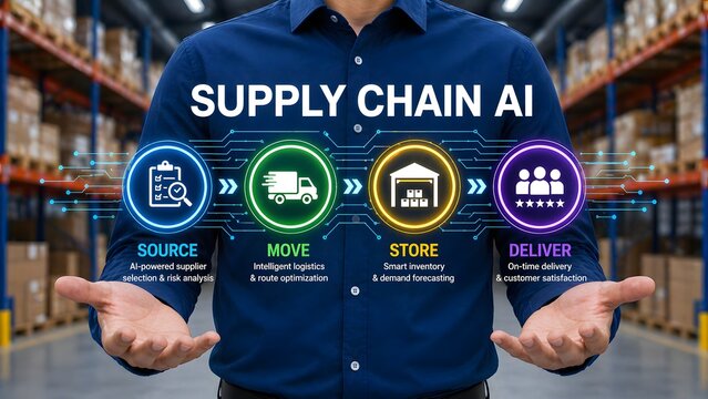 Man presenting AI powered supply chain management hologram with source, move, store, and deliver stages