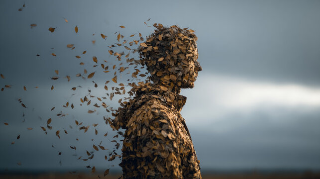 Particle effect showing abstract emotional loss concept. A surreal representation of a figure dissolving into leaves.