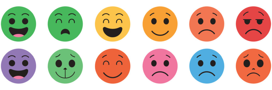 Emoticons icon set, emoji face collection, flat and line style smiley icons, happy, neutral, sad and angry expressions, clean vector design elements for messaging apps, websites, and user experience f