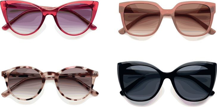 Women Sunglasses Vector Set with Red Black Cat Eye Beige Square and Tortoise Round Frame Styles for Fashion Summer