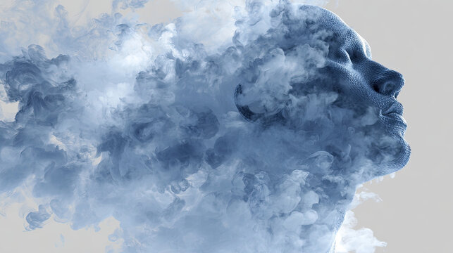 Particle effect showing abstract emotional loss concept. A surreal representation of the human mind with cloud imagery.
