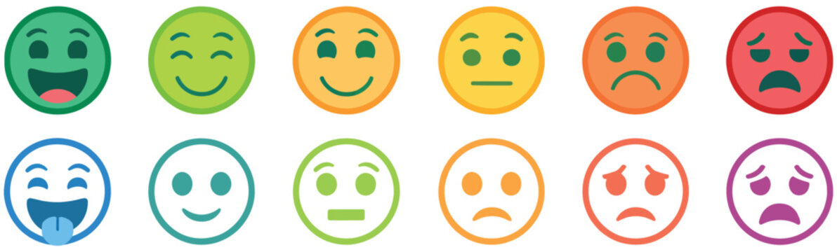 

Emoticons icon set, emoji faces collection, flat style smiley icons, happy, smile, neutral, sad and angry expressions, line smiley faces, modern vector design for apps, chats, and user interface fee
