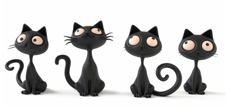 Minimal 3D plasticine black cat icons, cute cartoon characters with big eyes, long tails and three unique poses on white background.