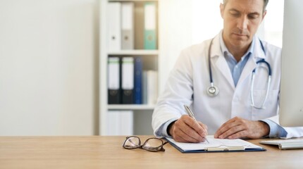 Naklejka premium Doctor writing on clipboard in office with stethoscope and glasses