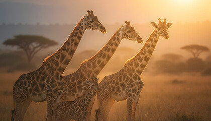 Fototapeta premium Giraffes stand together in savanna at sunrise, soft focus, warm light, cinematic portrait