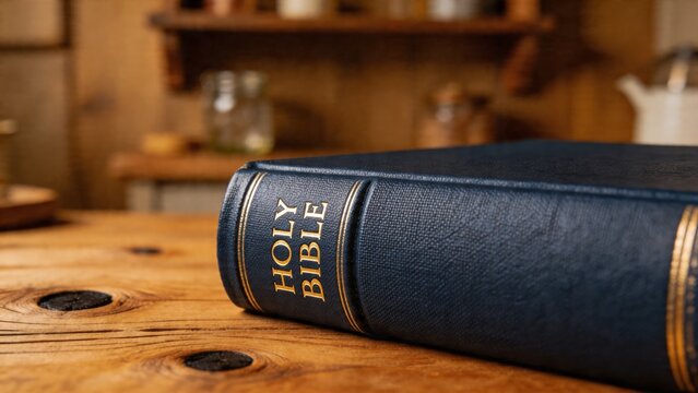 A serene and peaceful close-up of a Holy Bible resting on a wooden table in a cozy room, evoking feelings of hope, love, and devotion.