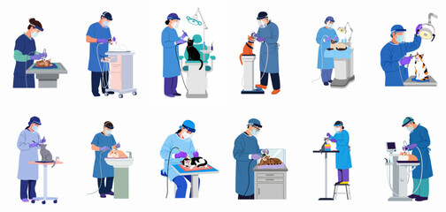 Fototapeta premium Collection of flat illustrations showing veterinary professionals performing dental care and checkups on various cats, using specialized medical equipment and wearing protective gear.