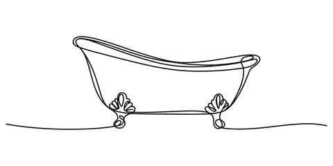 Minimalist continuous single line drawing of an elegant vintage clawfoot bathtub isolated on a plain white background. Vector, illustration © Creative_Outline2019