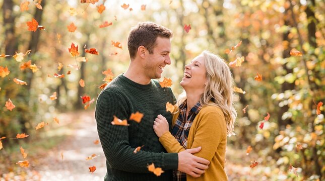 Happy Couple Laughing Together in Autumn Forest with Falling Leaves.