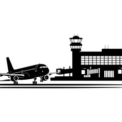 Fototapeta premium Commercial airplane taxiing on runway near airport control tower at dusk