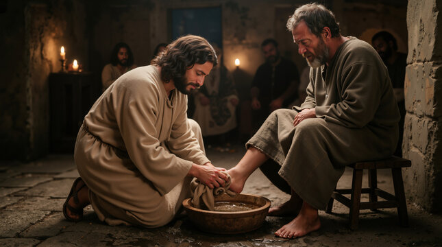 Jesus washing the feet of Apostle Peter. Biblical scene of humility and service. Historical religious depiction in a dimly lit room
