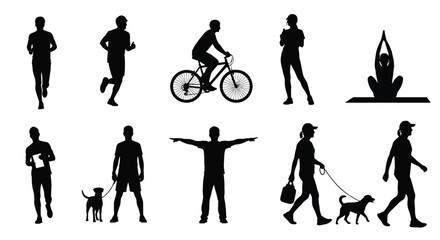 Fototapeta premium People engage in sports and outdoor activities like running, cycling, walking, and yoga.