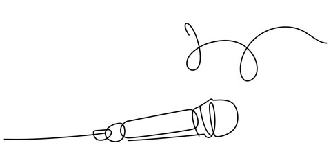 Minimalist continuous line art design representing a simple handheld microphone for podcasting and vocal music Vector, illustration © RK Drawing Gallery