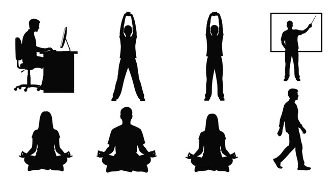 People silhouette figures doing office work yoga exercise meditation and presentation.