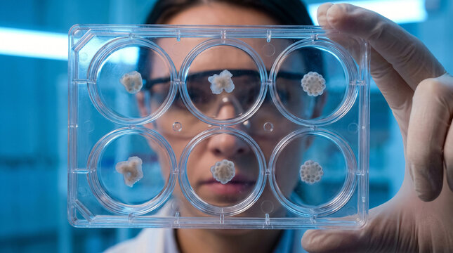Female Scientist Holding Brain Organoids In Culture Plate