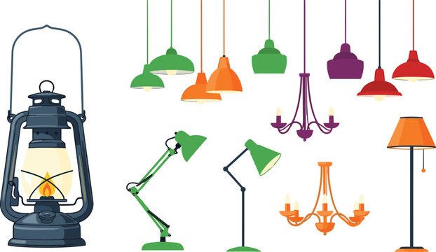 Various Lamp and Lighting Designs Including Desk Lamps, Chandeliers, and Hanging Light Fixtures