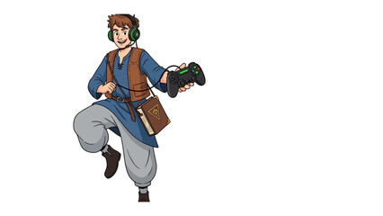 Gaming Enthusiast's Digital World: An illustration of a gamer fully immersed in his digital world, clutching a game controller, headphones, ready to embark on the adventures. © MahfujaSultana
