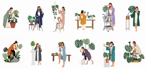 Fototapeta premium Flat vector illustrations of young women content creators filming and photographing monstera houseplants for social media, showcasing a modern indoor gardening lifestyle.