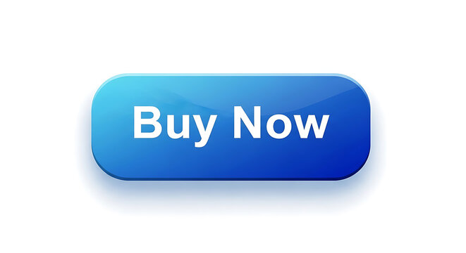 Blue shiny buy now button with rounded corners on white background