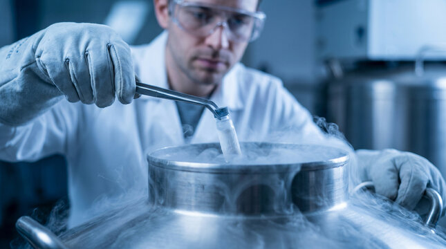 Scientist Removing Cryogenic Vial From Liquid Nitrogen Tank