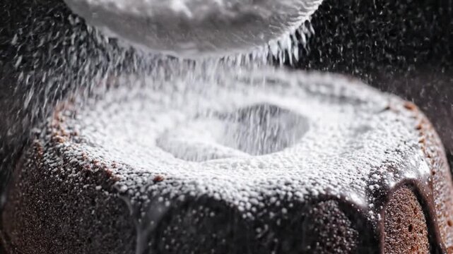 powdered sugar falling on chocolate bundt cake with chocolate glaze macro shot