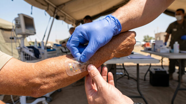 Doctor applying electronic smart patch to patient arm