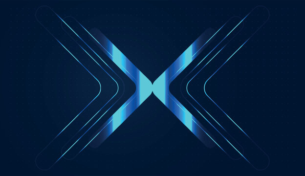 Two sets of blue neon chevrons converge at a central point, symbolizing a high-speed digital transfer within a global business network. business graphic features an arrow-like design