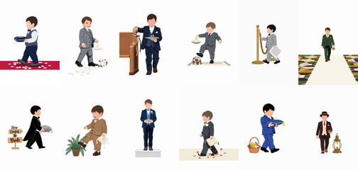 Naklejka premium Collection of 12 flat illustrations of young ring bearers and page boys in formal suits for a wedding ceremony.