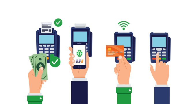 Illustration of various payment methods with hands holding cash, card, and phone near card readers on a white background.