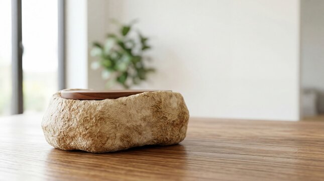 Minimalist wooden ring holder made from natural stone placed on rustic wooden table with green plant in background