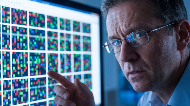 Senior male scientist pointing at microarray data screen