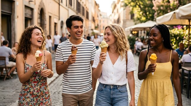 Four friends walk down a lively street in Rome, each holding an ice cream cone. They share smiles and laughter under the sun, surrounded by people at tables nearby