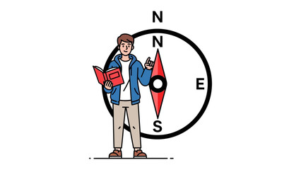 Compass Guide's Wisdom: A curious and well-read person stands centered, poised, with the North direction. His demeanor speaks of curiosity, and his expression holds the wisdom of the journey ahead. © MahfujaSultana