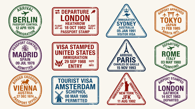 Germany immigration stamp collection. Vintage travel badges with arrival departure and approved signs. Retro airport passport style