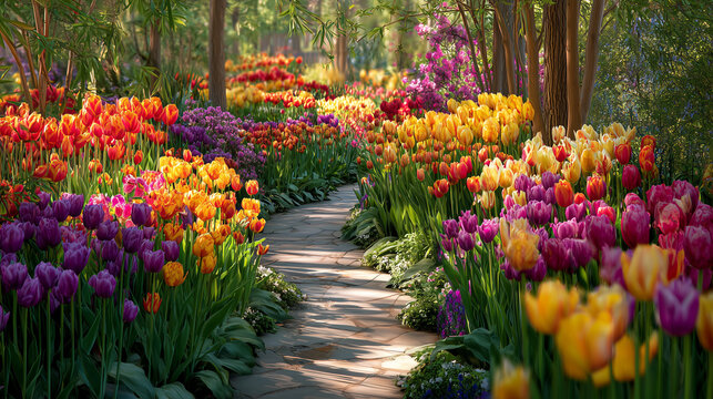 A vibrant field of colorful spring tulips in full bloom creates a beautiful floral landscape along a garden path with lush green grass and trees
