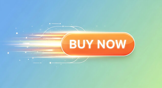 Glowing orange button with white text on blue and green gradient background