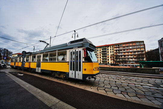 An ATM Class 4900 "Jumbotram" in the Navigli district near the Porta Genova station, Milan, Italy, Europe