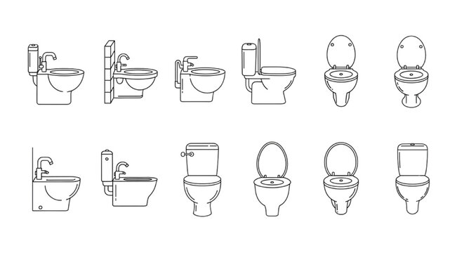 Toilet and Bidet Sanitary Fixture Elevation CAD Block Set with Multiple Views for Bathroom Design and Drafting