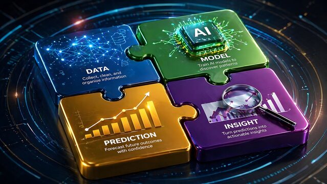 Artificial intelligence business concept with glowing puzzle pieces showing data ai model prediction and insight