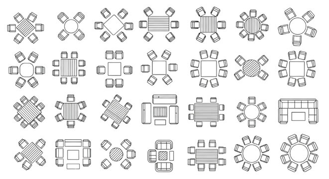 Top View Dining Table and Seating Arrangement CAD Block Collection with Round and Square Layout Variations
