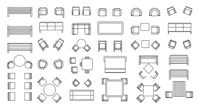 Top View Furniture CAD Blocks Set with Tables, Chairs, Sofas and Benches for Interior Layout Planning